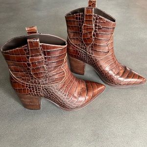 Chelsea & Violet crocs embossed print brown block heel boots
